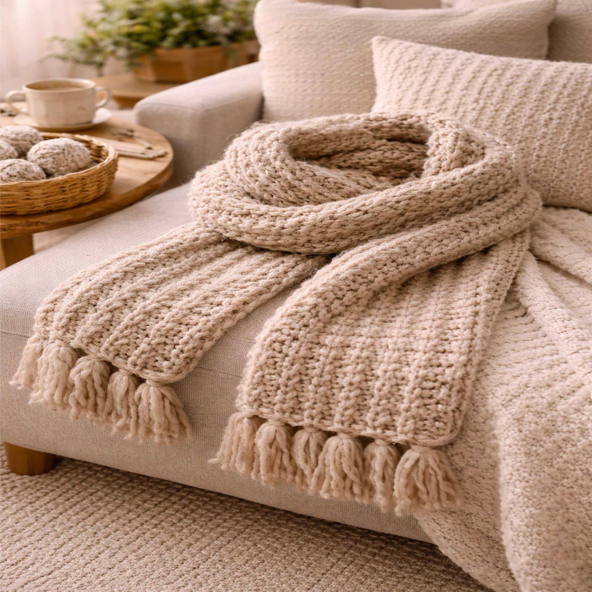 Gestricktes Tuch aus Seide Kaschmir Mischgarn Beige